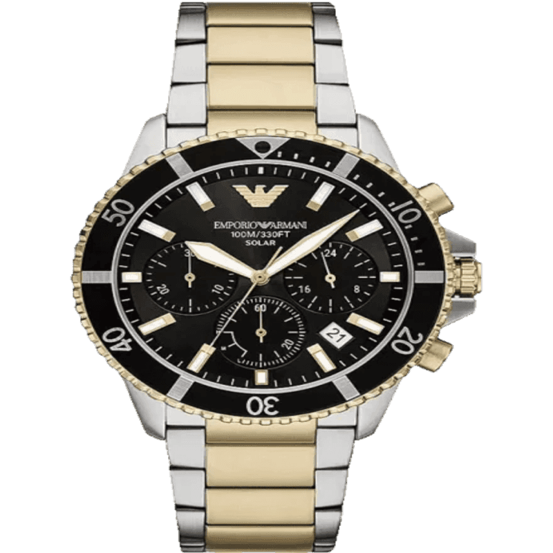 Emporio Armani AR11680I is a men's solar-powered chronograph watch from the World Explorer collection