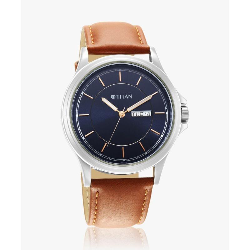 Titan Analog Navy Dial Brown Leather Watch 1870SL02