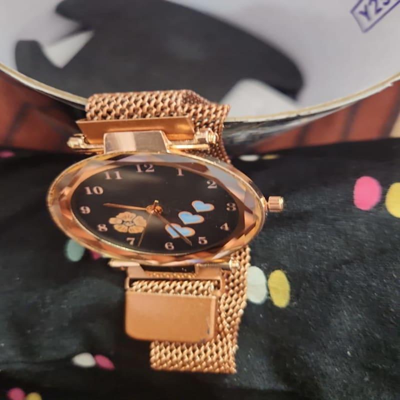 Women's Rose Gold Mesh Analog Watch Heart & Flower Dial