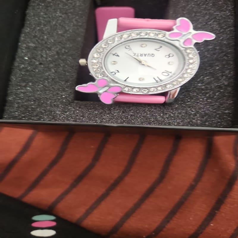 Pink Butterfly Kids Analog Watch Crystal Bezel