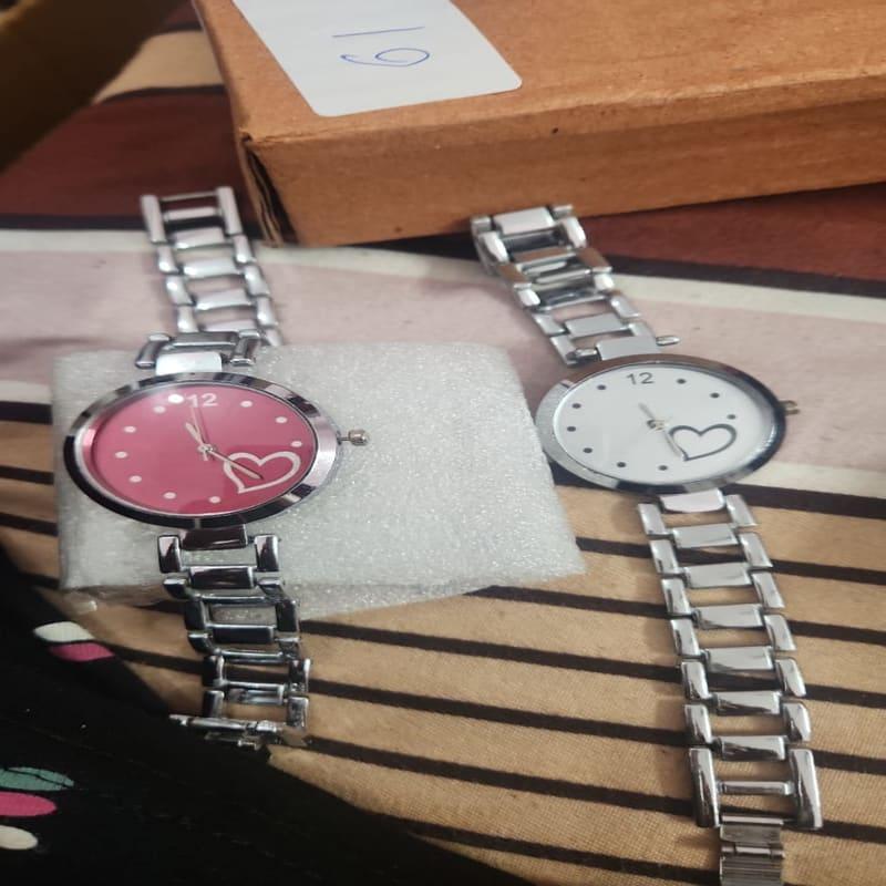 Couple Heart Analog Watch Set — Pink and White