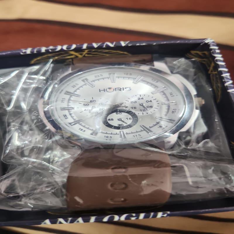 Horis White Dial Chronograph Brown Strap Watch